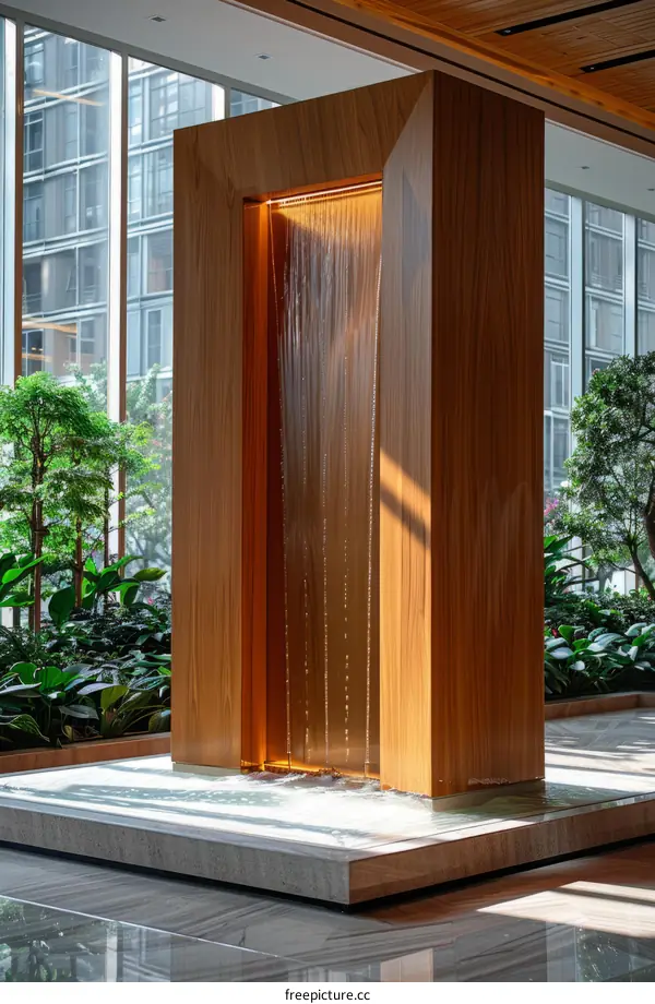 Modern Wooden Frame with Indoor Plants and Waterfall Feature