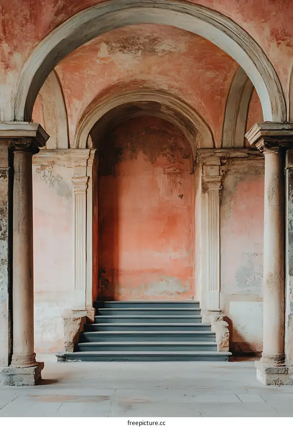 Old Archway With Pink Wall And Stone Columns