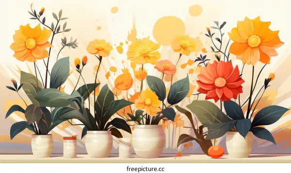 Orange flowers in pots illustration