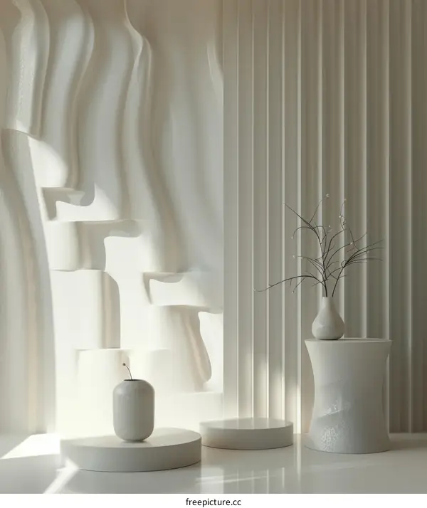 Minimalist White Room Interior Design with Round Pedestals and Vase
