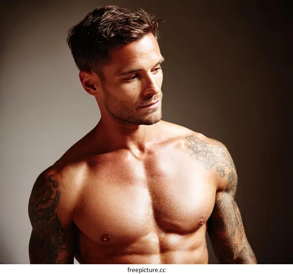 Muscular Man with Tattooed Arm Studio Portrait