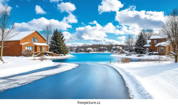 Winter Scenic Landscape of a Lakeside Community