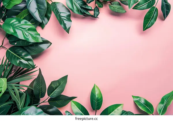 Green Leaves Border on Pink Background