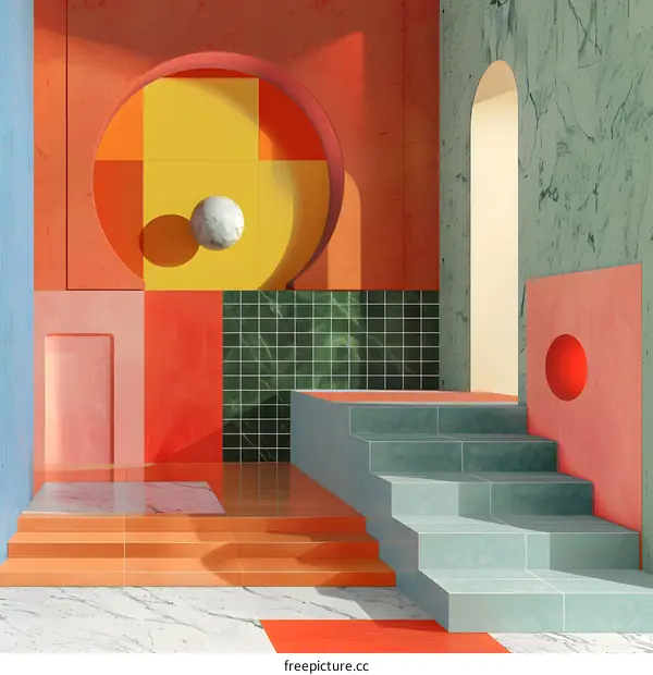 3d rendering of a colorful room with geometric shapes and a staircase