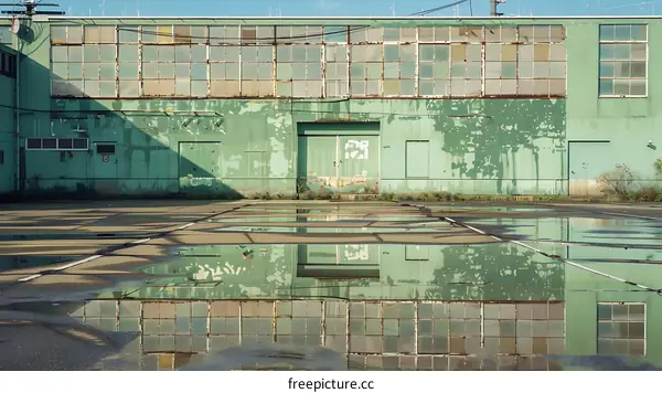 Green building facade reflected in a puddle