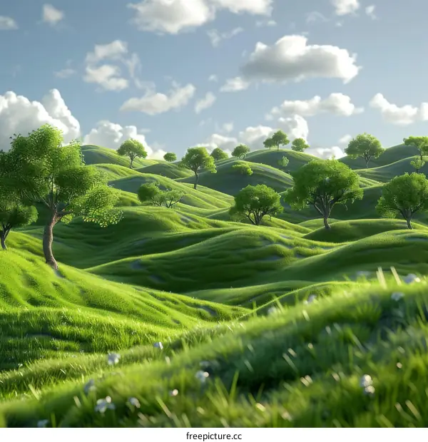 Green rolling hills against a blue sky with clouds