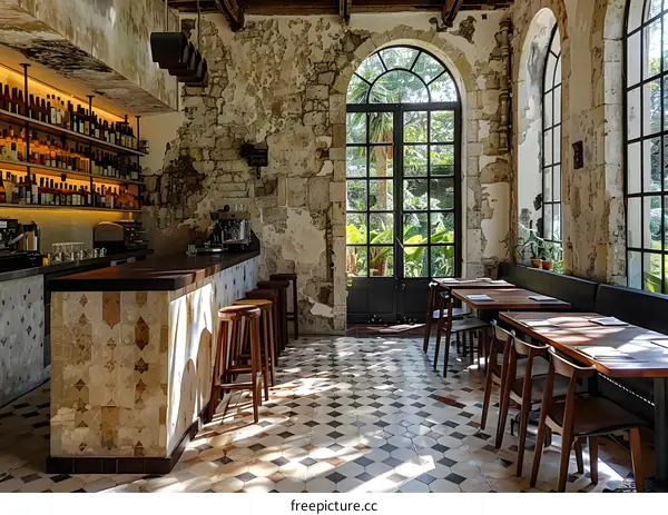 Rustic Bar Interior with Tiled Floor and Arched Windows