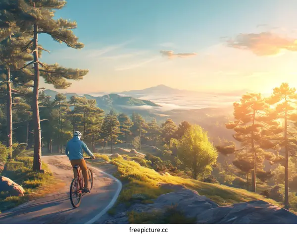 A cyclist rides along a mountain road enjoying the view