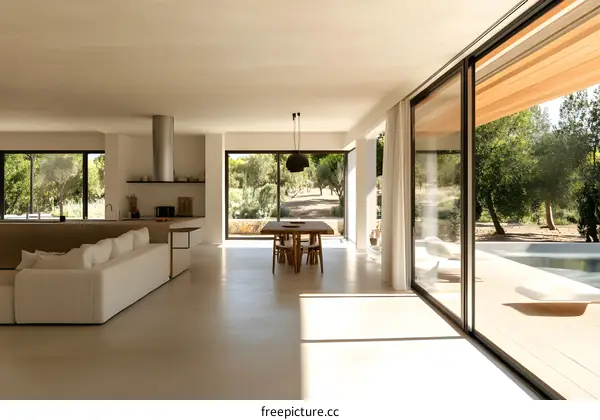 Modern Minimalist Open Plan Living Room Interior Design with Large Windows and Outdoor Pool View