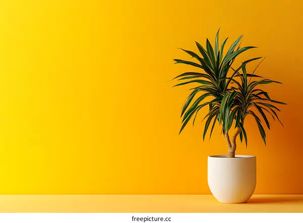 Yellow Wall with a Green Plant in a White Pot