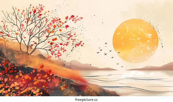 Autumn Landscape Illustration with Red Leaves and a Big Sun