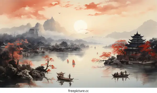 Oriental lake landscape painting with boats and mountains