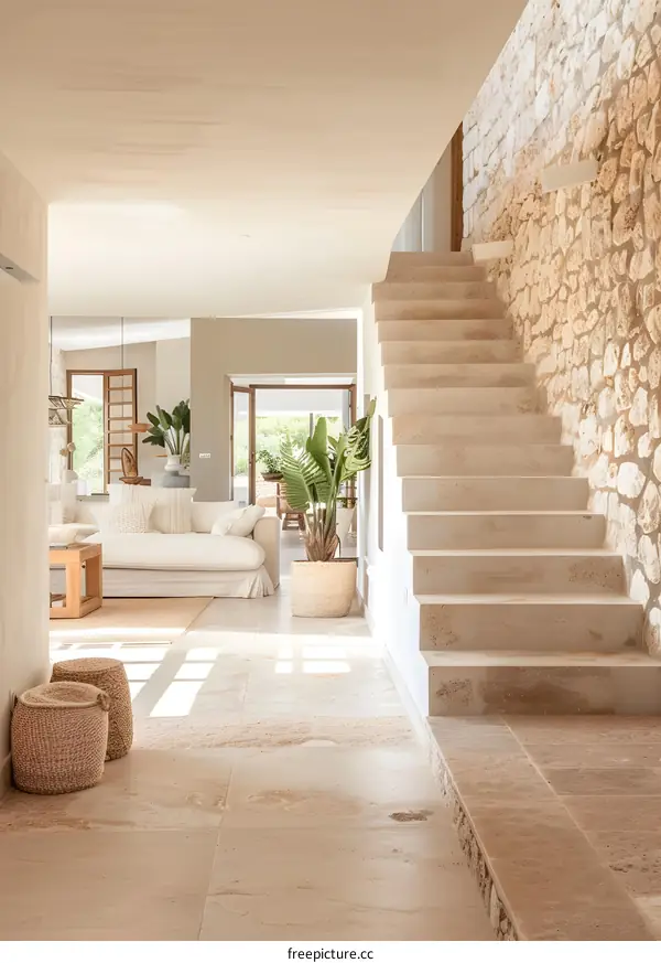 Minimalist Home Interior Design with Stone Wall and Staircase