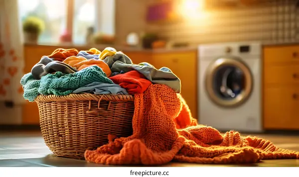 Laundry Basket Full of Clothes in Kitchen