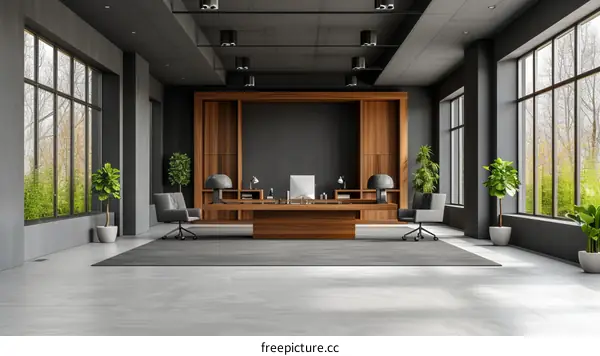Modern office interior with wooden desk and chairs