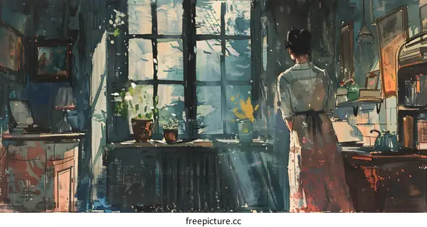 A woman standing in a kitchen looking out the window