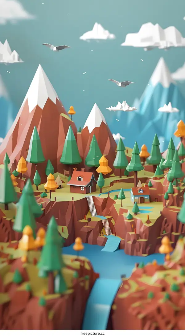 Low Poly Mountain Landscape With Houses And Birds
