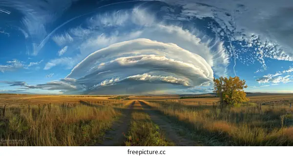 A large shelf cloud looms over a rural road