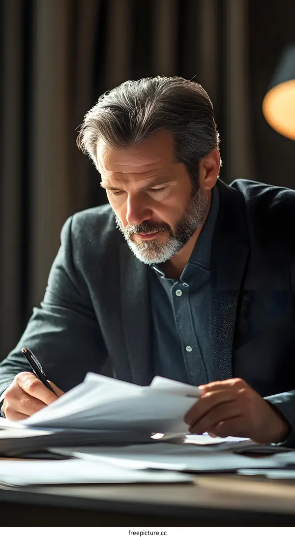 Caucasian Man Working On Documents In Office