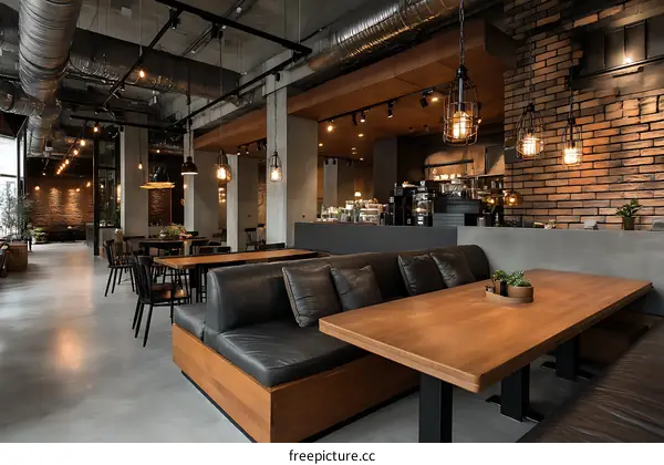 Modern Industrial Cafe Interior with Multiple Customers