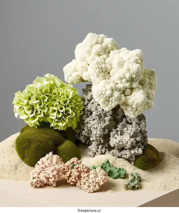 Abstract Still Life with White and Green Cauliflower, Moss, and Sand