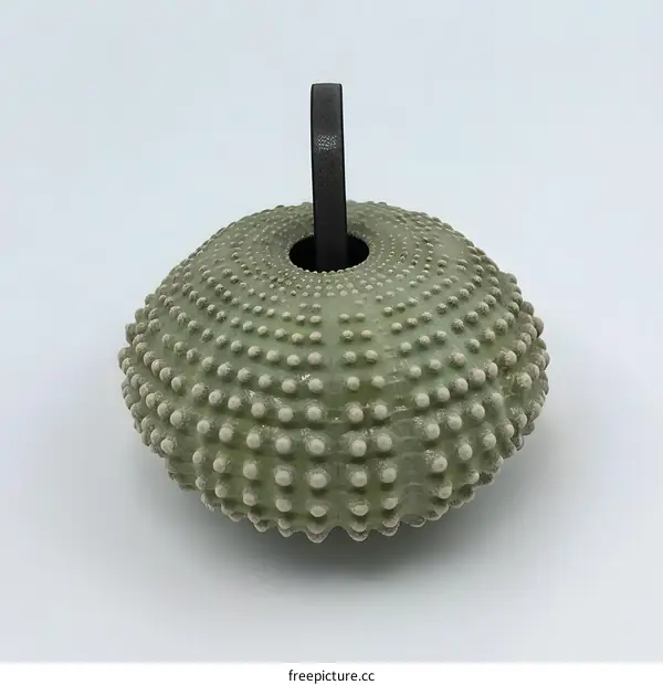A green sea urchin shell with a hole in the top