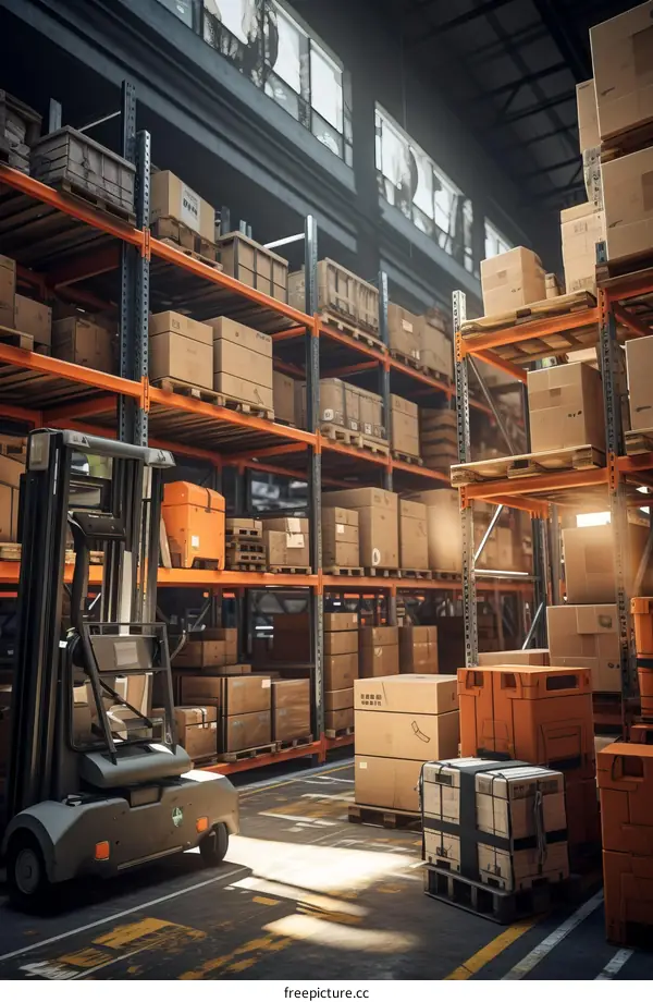 A forklift in a warehouse full of shelves