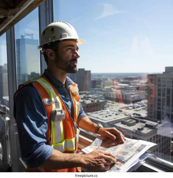 pensive construction worker looking out at city skyline