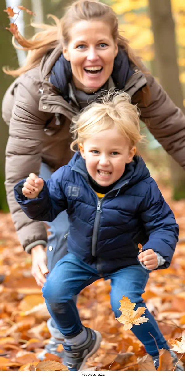 Happy Mother and Son Playing In Autumn Leaves