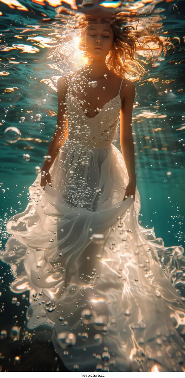 Woman in White Dress Floating Underwater