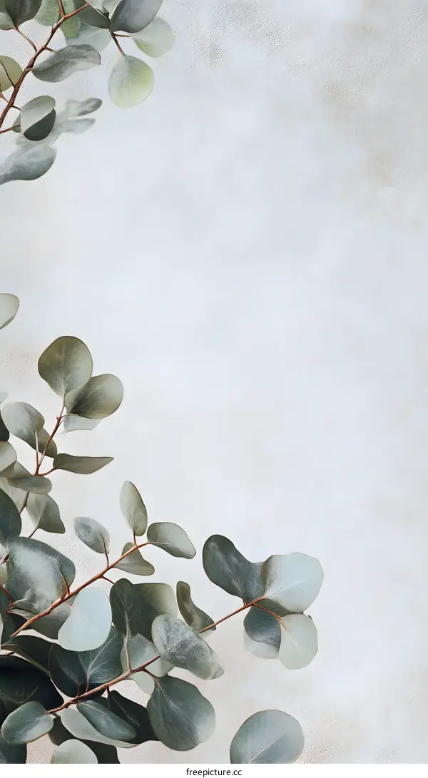 Green Eucalyptus Leaves on a White Wall Background