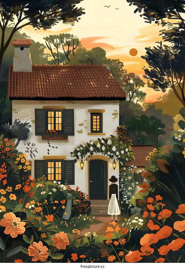 girl standing in front of a cottage in a garden