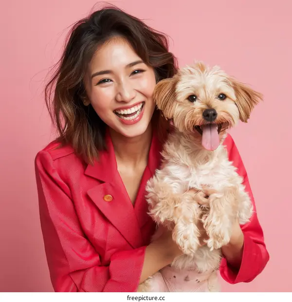 A woman in a red suit is holding a small dog