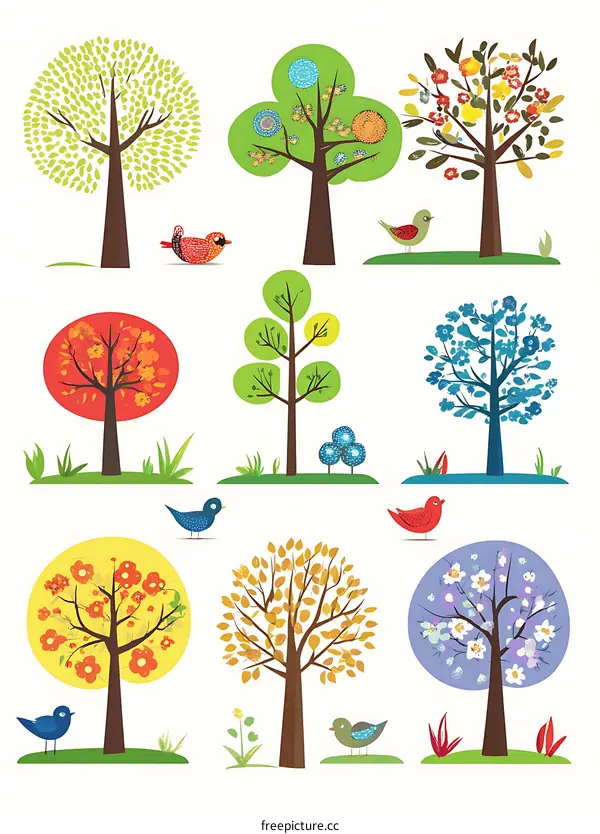 Colorful Tree Illustrations with Birds