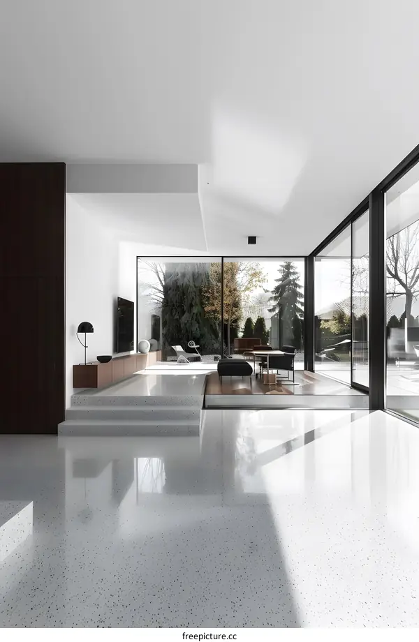 Modern Interior Design with Large Windows and White Terrazzo Flooring