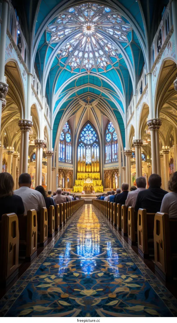 People sitting in pews inside church with stained glass windows