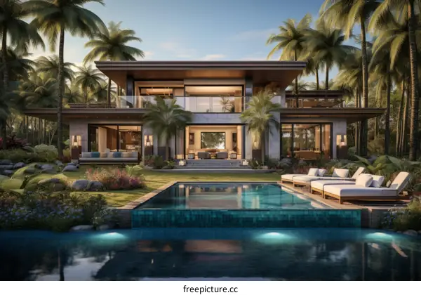 A Modern Tropical Villa with Pool and Palm Trees