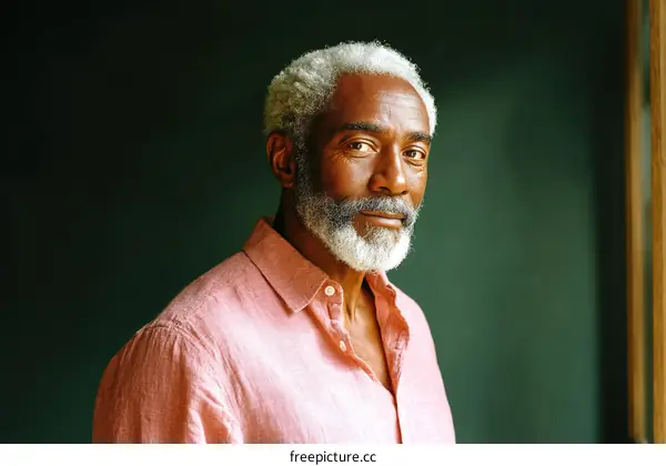 Mature man with gray hair and beard in pink shirt