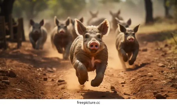 A group of pigs running in a field