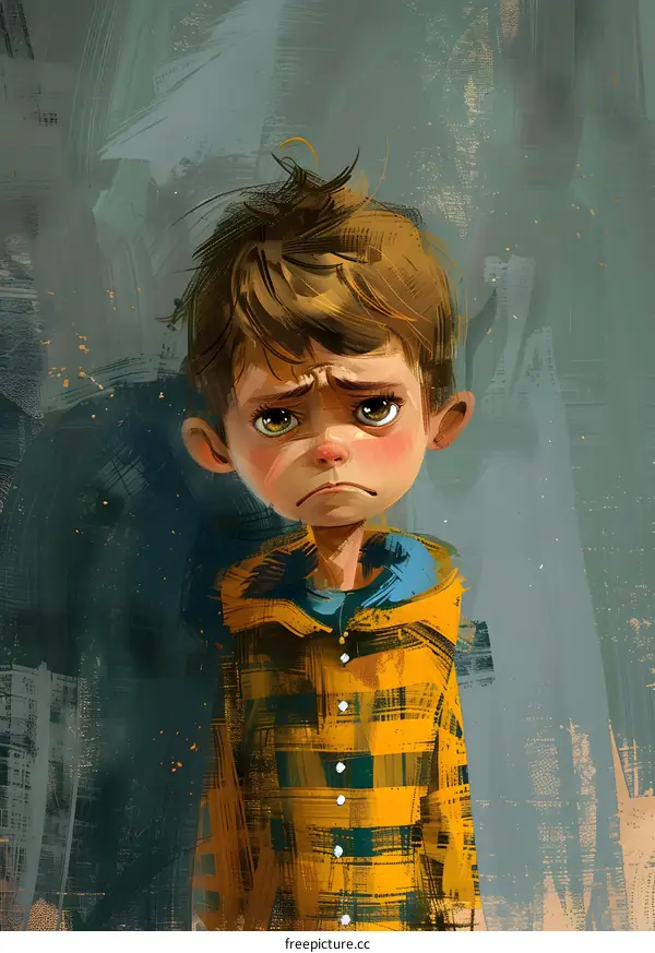 Portrait of Sad Boy with Yellow Plaid Shirt