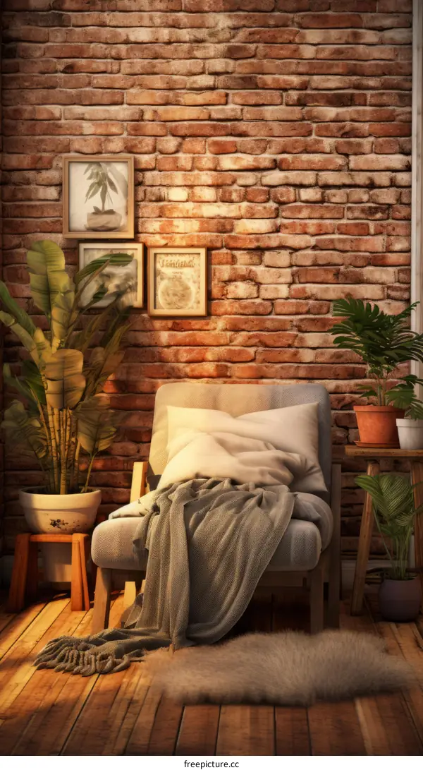 cozy living room interior with brick wall and comfortable armchair