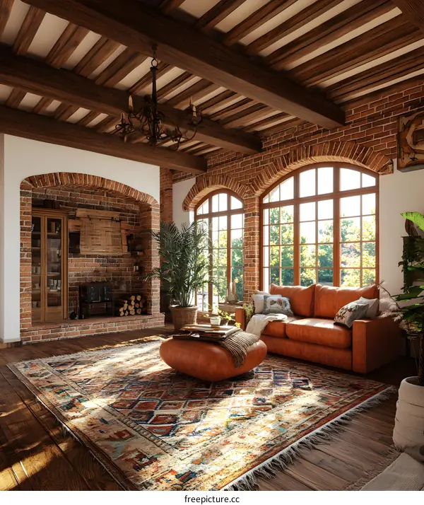 Rustic Living Room with Exposed Brick Wall and Wooden Beams