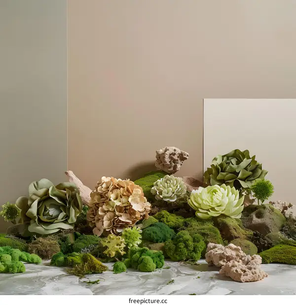 Green and Beige Floral Arrangement with Moss and Rocks