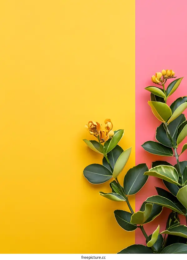 Yellow and Pink Background with Green Leaves and Flowers