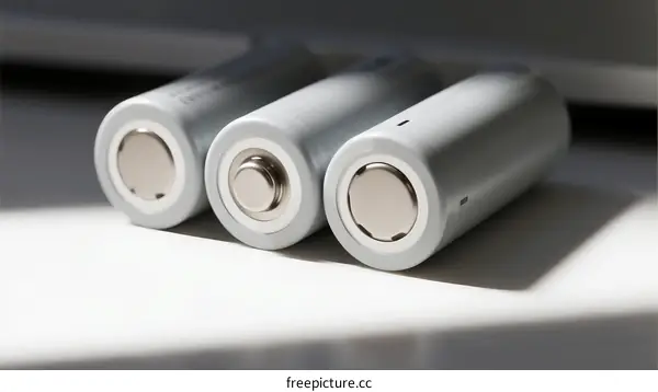 Three cylindrical lithium-ion batteries on white surface