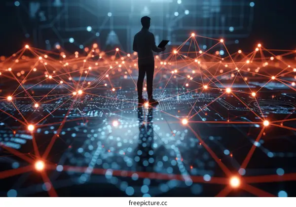 Businessman standing on a circuit board holding a tablet with glowing network connections in the background