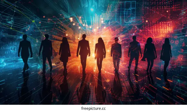 Group of business people walking through a digital landscape toward a bright future