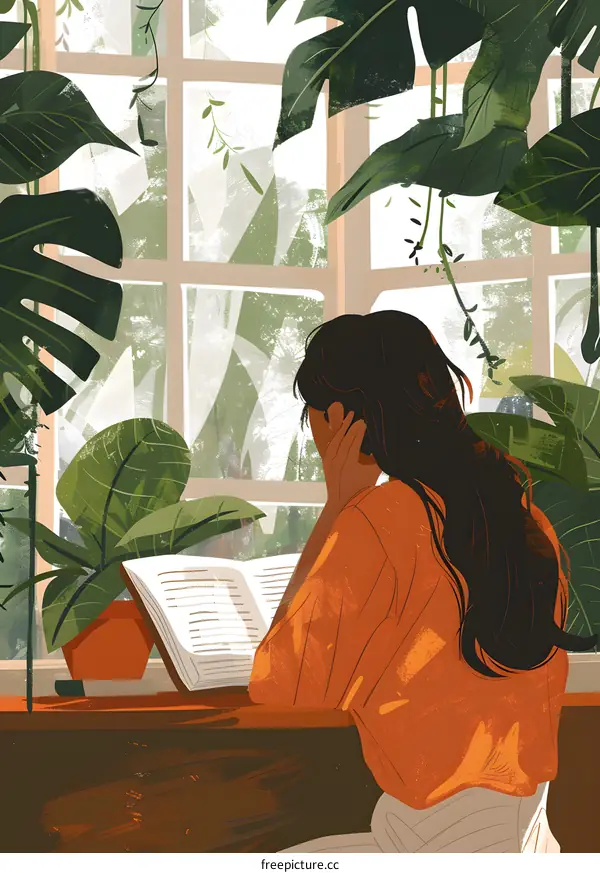 Woman Reading Book by Window with Plants