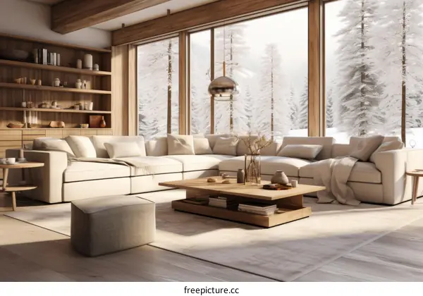 Modern Minimalist Living Room Design With Scenic Snowy Forest View