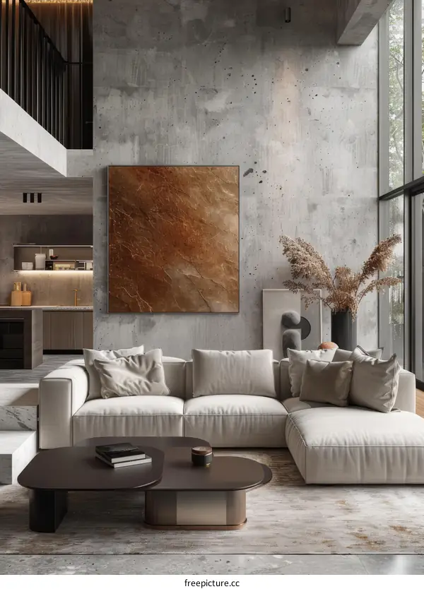 Modern minimalist living room interior with brown marble wall and white sofa